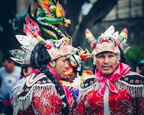 Free  Folk Dancers in Costumes for the Traditional Diablada Dance at the Carnival of Oruro Stock Photo